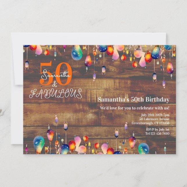 50 and Fabulous 50th Birthday Rustic Lights Invitation (Front)