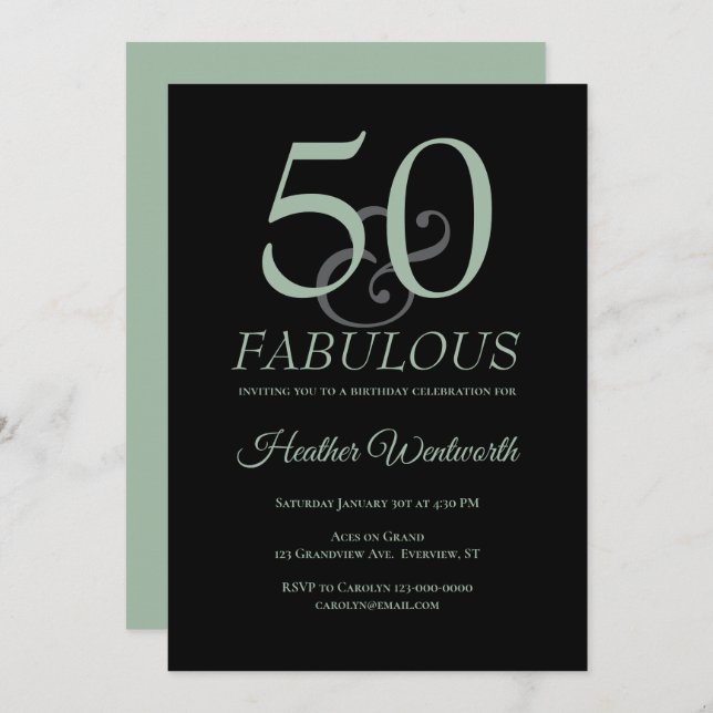 50 and Fabulous 50th Birthday Sage Black Invitation (Front/Back)