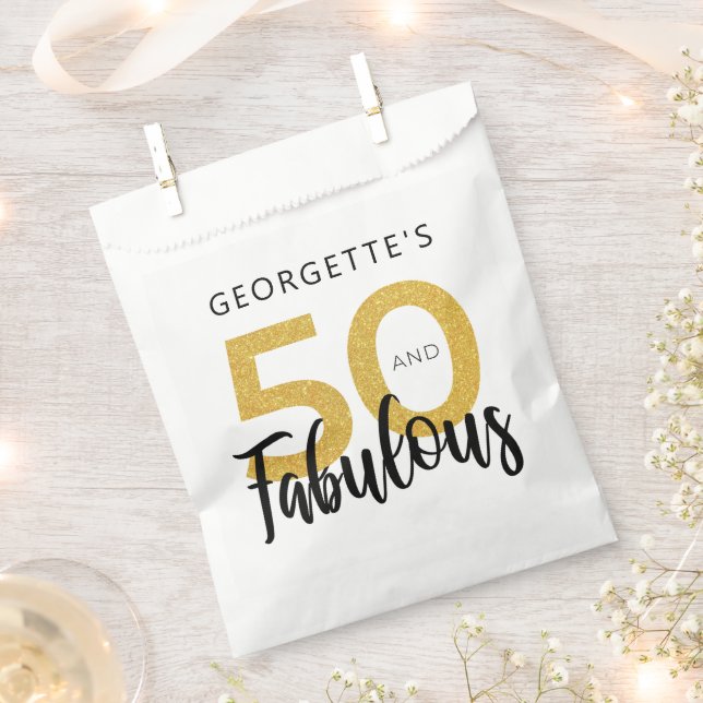 50 and Fabulous 50th Birthday Script Gold Glitter Favour Bags (Clipped)