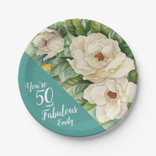 50 And Fabulous 50th Birthday Teal Floral Name Paper Plate