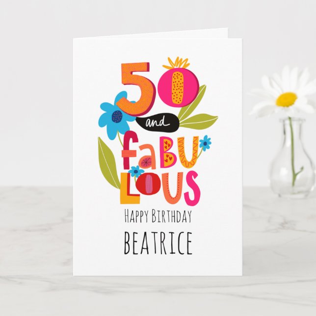 50 and Fabulous 50th Birthday Whimsical Lettering  Card (Small Plant)