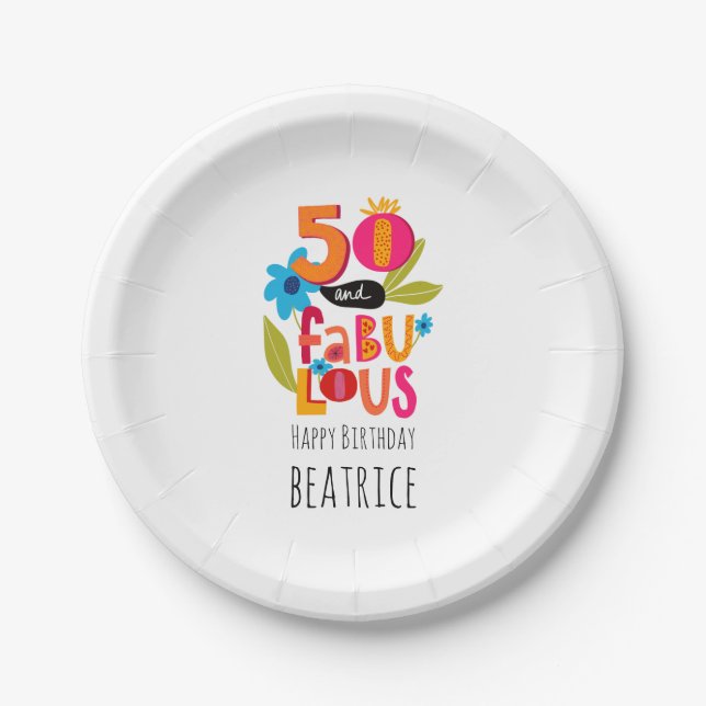 50 and Fabulous 50th Birthday Whimsical Lettering  Paper Plate (Front)