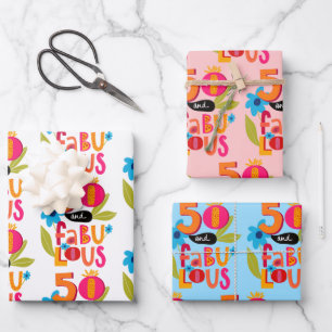 50 and Fabulous 50th Birthday Whimsical Lettering Wrapping Paper Sheet