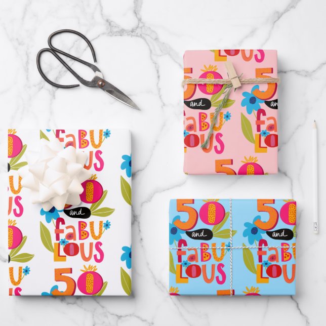 50 and Fabulous 50th Birthday Whimsical Lettering  Wrapping Paper Sheet (Front)