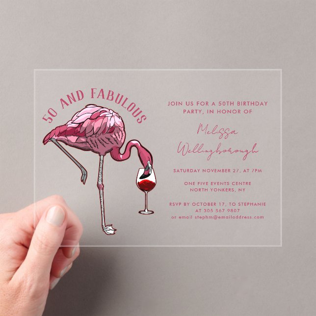 50 and Fabulous 50th Flamingo Birthday Party Acrylic Invitations (Insitu (Handheld))