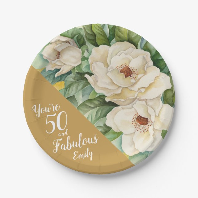 50 And Fabulous 50th Gold Birthday Floral Name Paper Plate (Front)