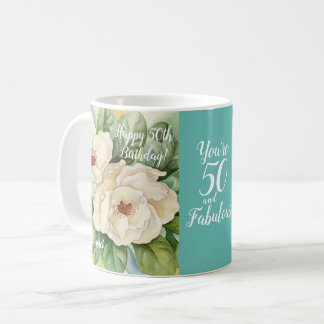 50 And Fabulous 50th Teal Birthday Floral Name Coffee Mug