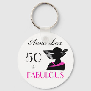 50 and Fabulous Art Deco Elegant  B&W pink splash Key Ring