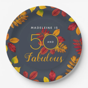 50 And Fabulous Autumn Leaves Birthday Paper Plate