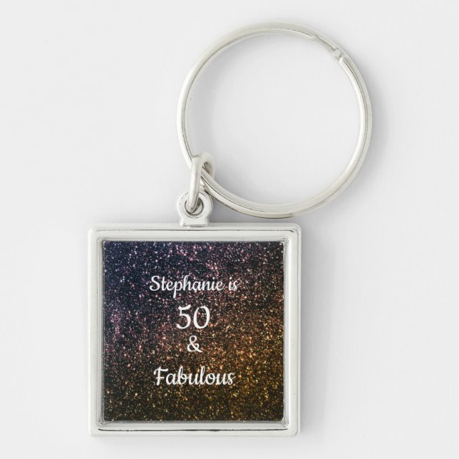 50 And Fabulous Birthday Black Gold Glitter Ombre Key Ring (Front)