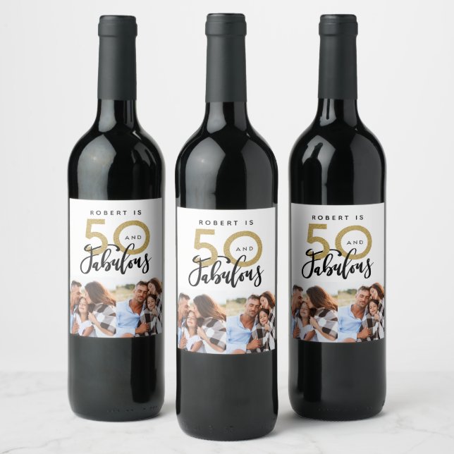 50 and fabulous birthday black gold multi photo wine label (Bottles)