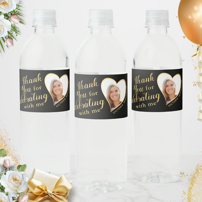 50 and Fabulous Birthday Black Gold Thank You Water Bottle Label (Creator Uploaded)