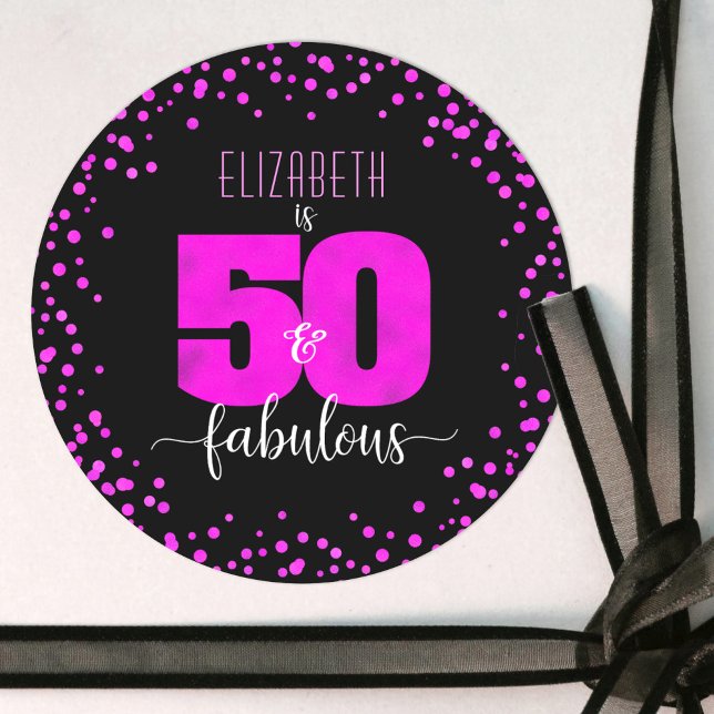 50 and fabulous birthday black hot pink foil dots classic round sticker (Creator Uploaded)