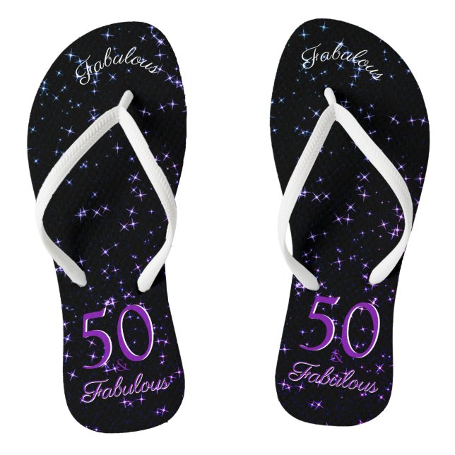 50 And Fabulous Birthday Black Purple Elegant Flip Flops (Footbed)