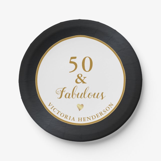 50 and Fabulous Birthday Black White Gold Paper Plate (Front)