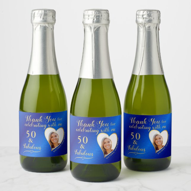 50 and Fabulous Birthday Blue and Gold Favours Min Sparkling Wine Label (Bottles)