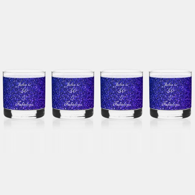 50 And Fabulous Birthday Blue Glitter Gift Set Whiskey Glass (Front)