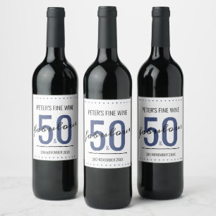 50 and Fabulous Birthday Blue Personalised Wine Label
