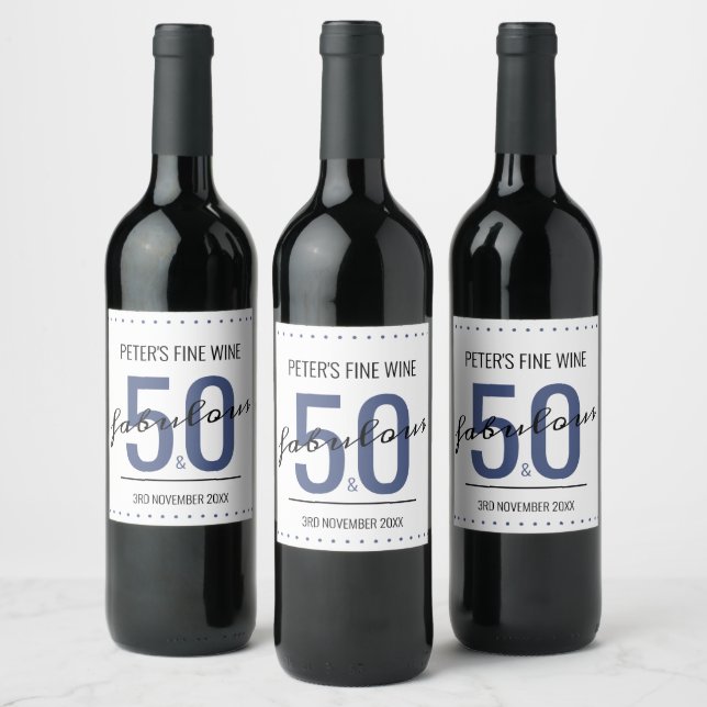 50 and Fabulous Birthday Blue Personalised Wine Label (Bottles)