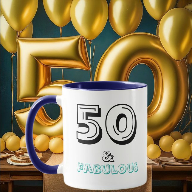 50 and Fabulous Birthday Blue Typography Mug (Left with Background)