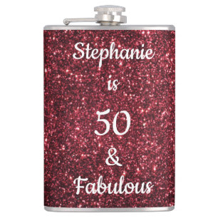 50 And Fabulous Birthday Burgundy Red Pink Glitter Hip Flask