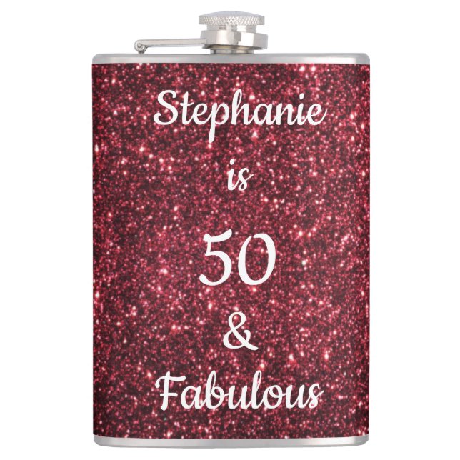 50 And Fabulous Birthday Burgundy Red Pink Glitter Hip Flask (Front)