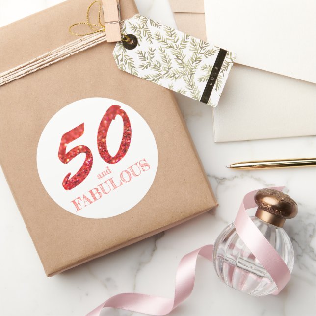 50 and Fabulous Birthday Celebration Coral Glitter Classic Round Sticker (Gifting)