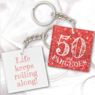50 and Fabulous Birthday Coral Glitter Sparkle Key Ring