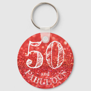 50 and Fabulous Birthday Coral Glitter Sparkle Key Ring