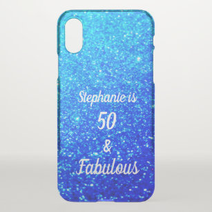 50 And Fabulous Birthday Deep Blue Ombre Glittery iPhone XS Case