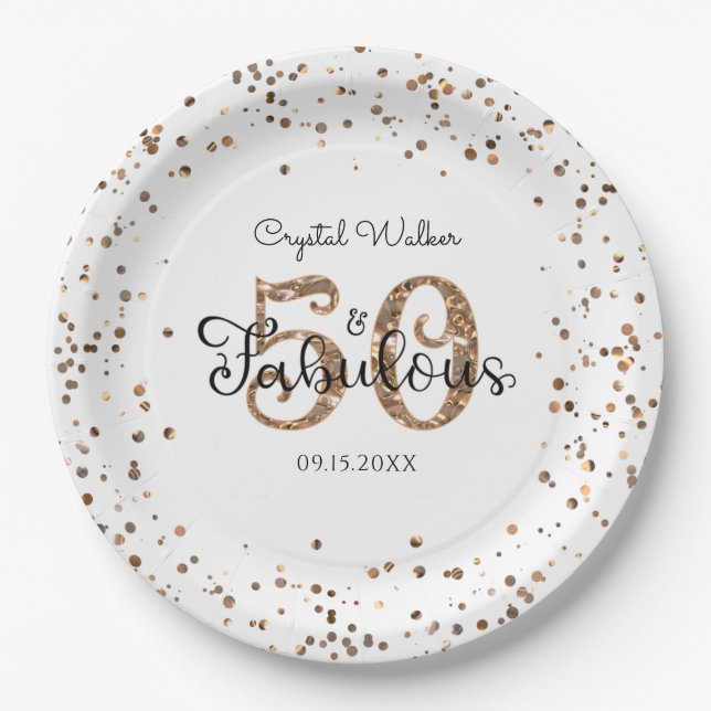 50 AND FABULOUS Birthday Elegant Copper Gold Name Paper Plate (Front)