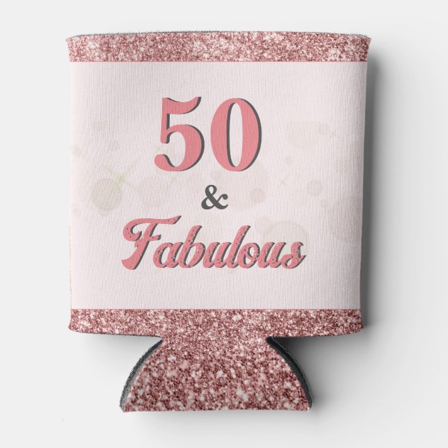 50 and Fabulous Birthday Elegant Rose Pink Glitter Can Cooler (Front)