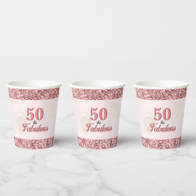 50 and Fabulous Birthday Elegant Rose Pink Glitter Paper Cups (Multi)