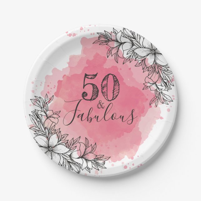 50 And Fabulous. Birthday. Flowers in Watercolor. Paper Plate (Front)