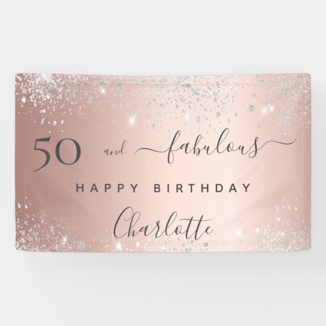 50 and Fabulous birthday glitter rose gold silver Banner (Horizontal)