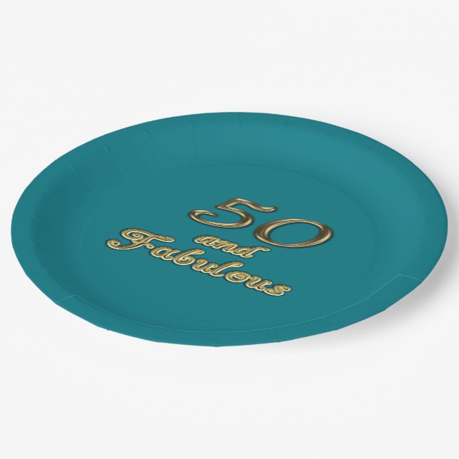 50 and Fabulous Birthday Gold 50th Age Teal Blue Paper Plate (Angled)