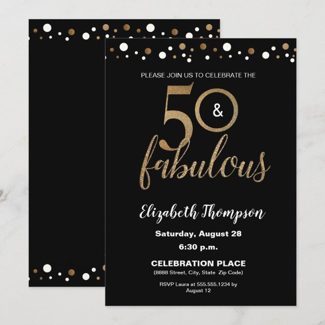 50 and fabulous Birthday Gold and Black Confetti Invitation (Front/Back)