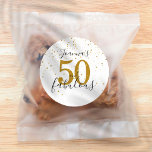 50 and Fabulous Birthday Gold and Black Script Classic Round Sticker<br><div class="desc">50 and fabulous script gold stars confetti birthday celebration stickers,  personalise with your name in a beautiful modern text. A perfect way to thank your guests. Designed by Thisisnotme©</div>