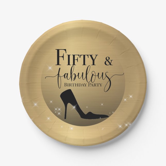 50 and Fabulous Birthday Gold and Black Shoe Paper Plate (Front)