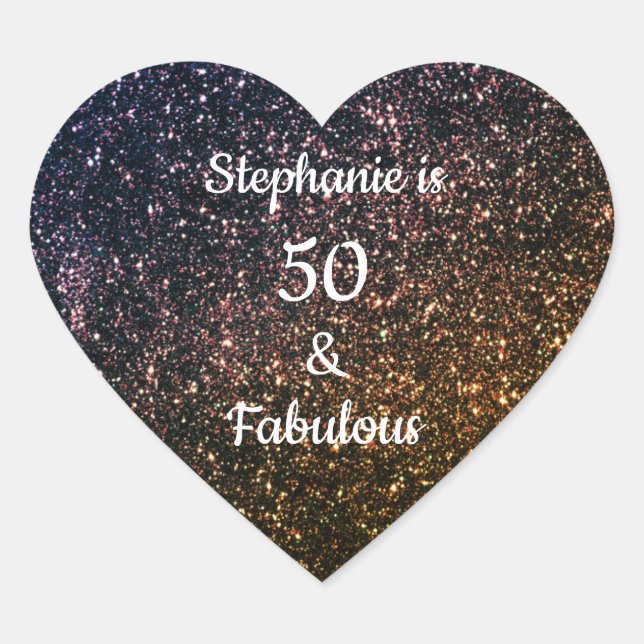 50 And Fabulous Birthday Gold Black Golden Glitter Heart Sticker (Front)
