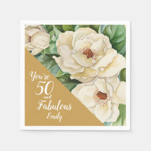 50 And Fabulous Birthday Gold Magnolia Floral Name Napkin