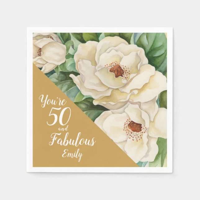 50 And Fabulous Birthday Gold Magnolia Floral Name Napkin (Front)