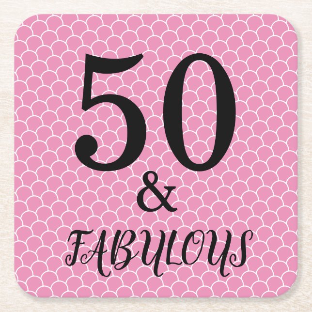 50 And Fabulous Birthday Mermaid Party Pink Black Square Paper Coaster (Front)