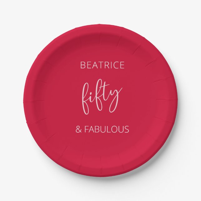 50 and Fabulous Birthday Modern Script Red  Paper Plate (Front)