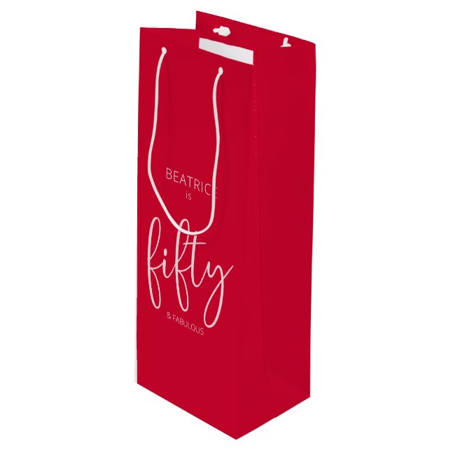 50 and Fabulous Birthday Modern Script Red Wine Gift Bag (Front Angled)