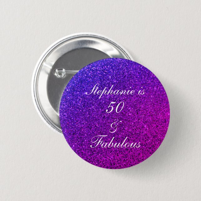 50 And Fabulous Birthday Ombre Pink Purple Glitter 6 Cm Round Badge (Front & Back)