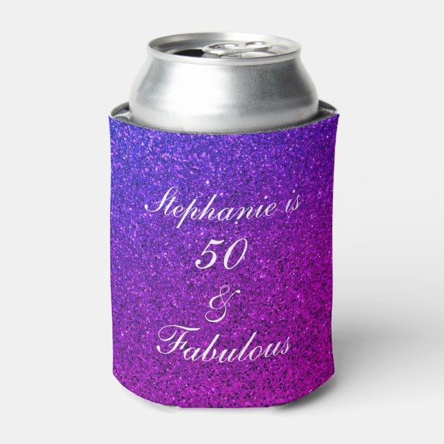 50 And Fabulous Birthday Ombre Pink Purple Glitter Can Cooler (Can Front)