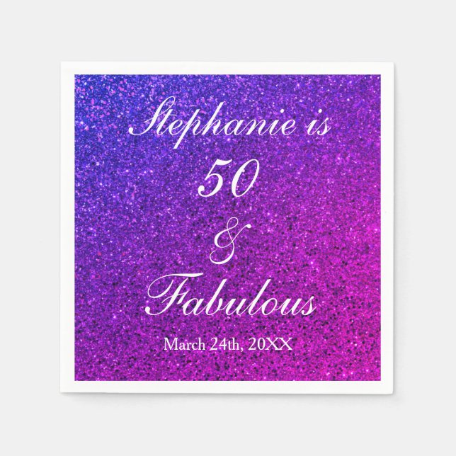 50 And Fabulous Birthday Ombre Pink Purple Glitter Napkin (Front)