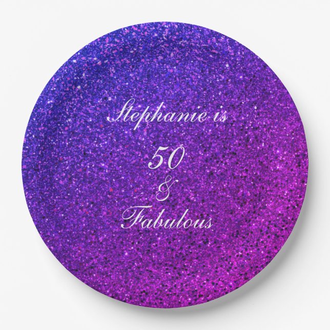 50 And Fabulous Birthday Ombre Pink Purple Glitter Paper Plate (Front)
