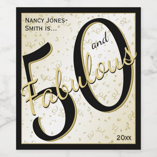 50 and Fabulous Birthday Party 50th Fun Black/Gold Wine Label (Single Label)